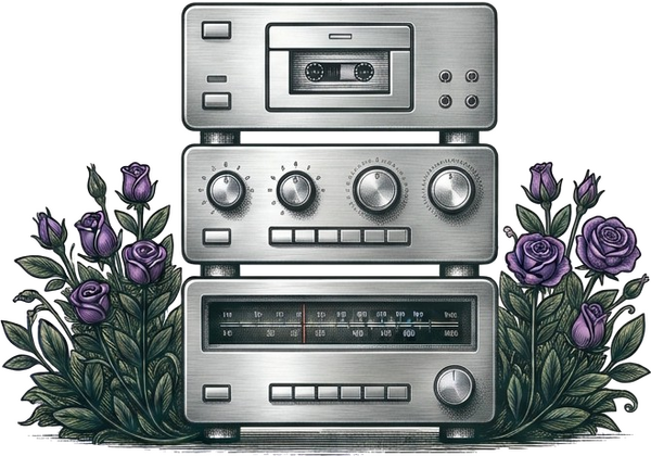 hifigarden logo: a silver hi-fi stack among purple roses